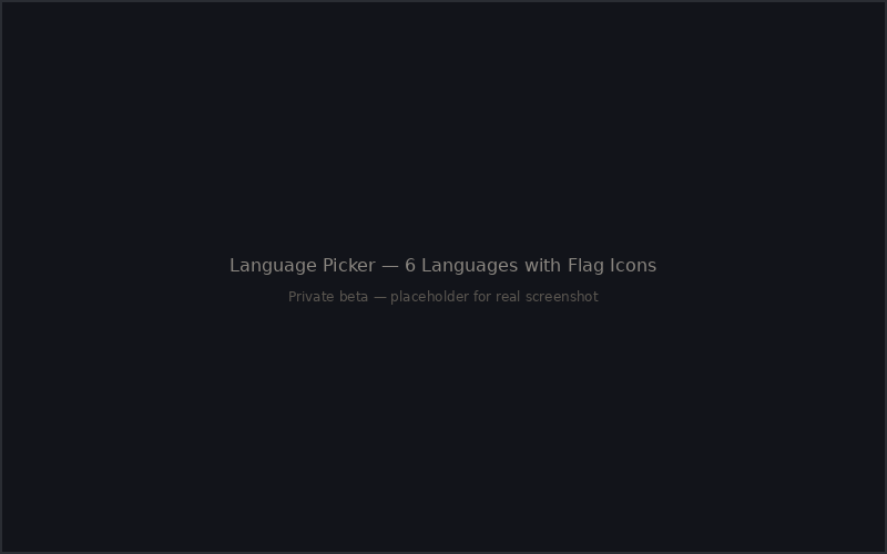 Language picker — 6 languages (Czech, German, Spanish, French, Italian, Portuguese) with flag icons