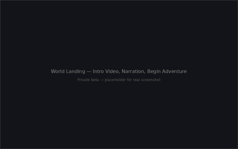 World landing — intro video, narration text, and "Begin Adventure" button