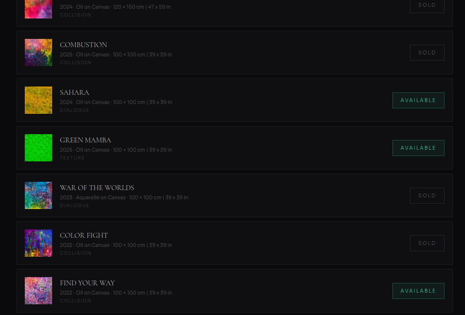 Artworks list — availability badges (Sold/Available) togglable with one click