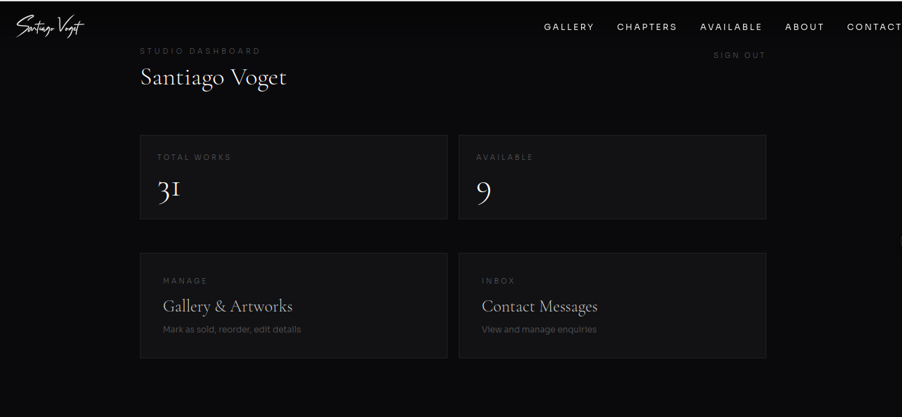 Studio Dashboard — Total Works: 32, Available: 9, with Gallery & Artworks management and Inbox