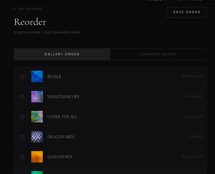 Drag-to-reorder — Gallery Order and Chapter Order tabs for controlling display sequence