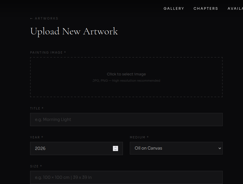 Upload New Artwork — image upload, title, year, medium dropdown, and size fields
