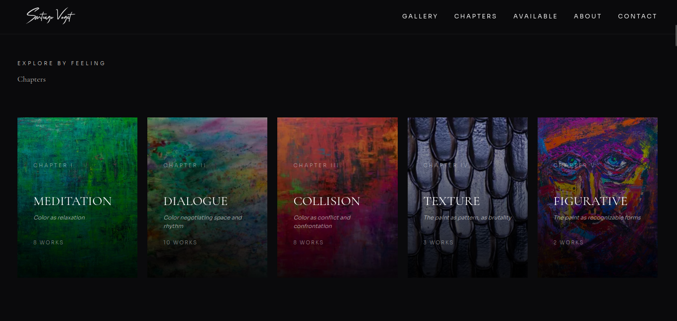 Chapter-based exhibition system — 5 curated chapters with artwork counts and descriptions