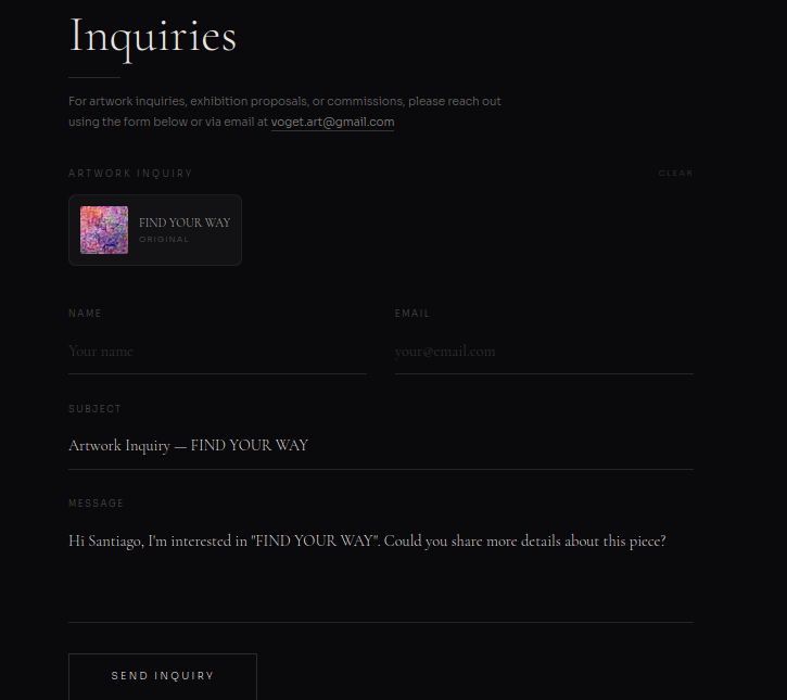 Artwork inquiry — "Artwork Inquiry — FIND YOUR WAY" with contextual pre-fill from gallery