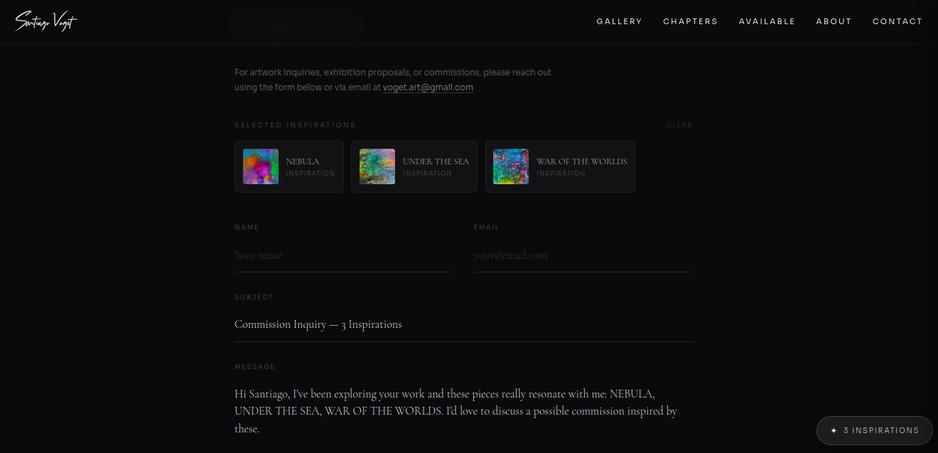 Inspiration inquiry — "Commission Inquiry — 3 Inspirations" with all saved artworks and pre-filled message