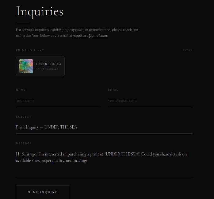 Print request — "Print Inquiry — UNDER THE SEA" with print-specific messaging