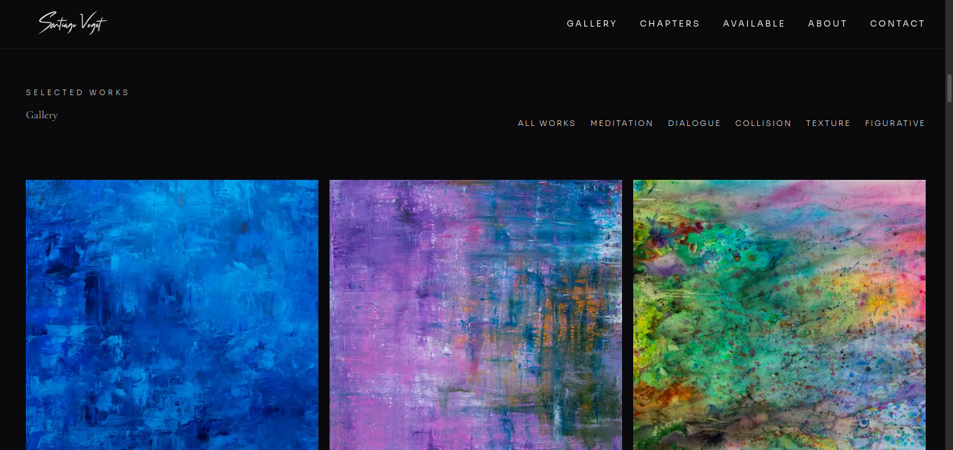 Gallery with chapter filtering — All Works, Meditation, Dialogue, Collision, Texture, Figurative