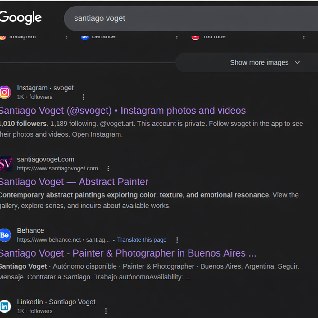 Google search results — santiagovoget.com ranking 2nd on the first page, right below Instagram