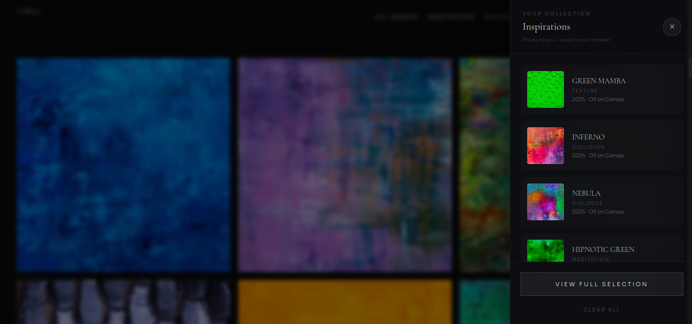 Slide-in Inspirations panel — saved artworks with thumbnails, chapter labels, and "View Full Selection"