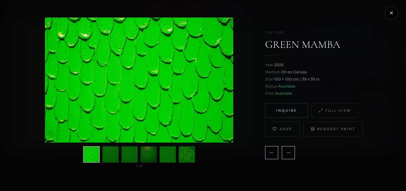 Lightbox — available artwork with Inquire, Full View, Save, and Request Print actions