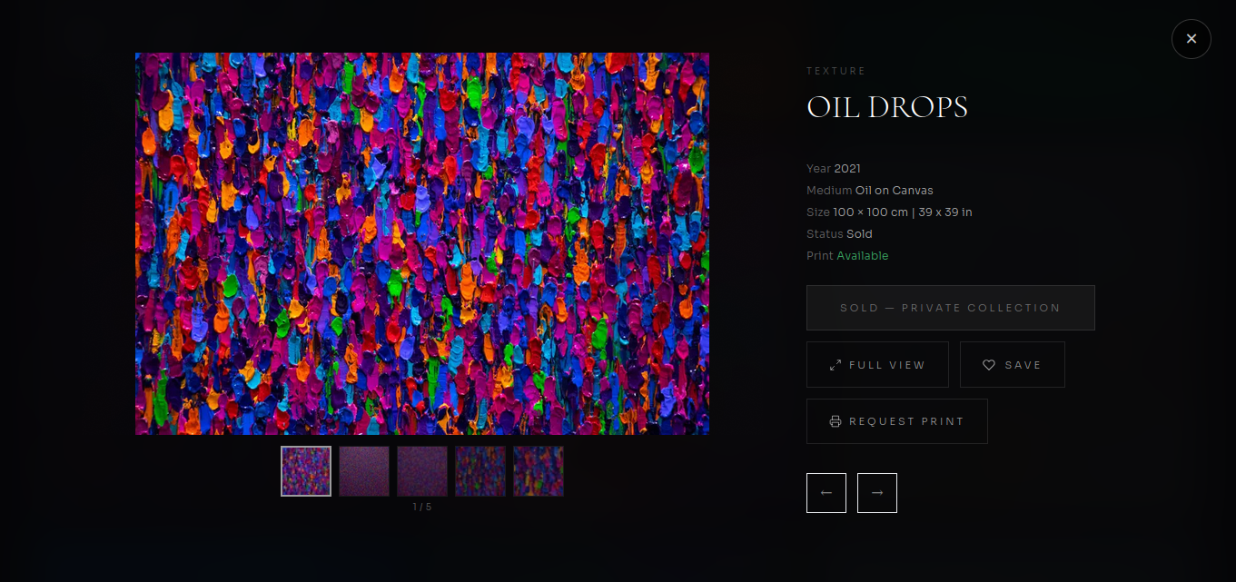 Lightbox — sold artwork showing "Private Collection" status with print option