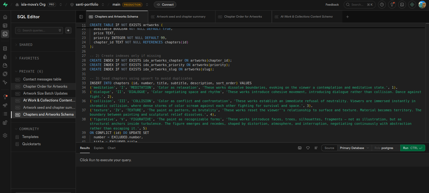 SQL schema — CREATE TABLE, chapter seeding with upsert, and indexed queries for performance