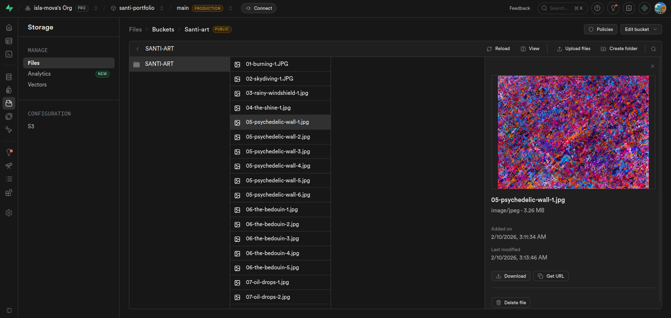 Supabase Storage — Santi-art bucket with high-resolution artwork images (3.26MB each)